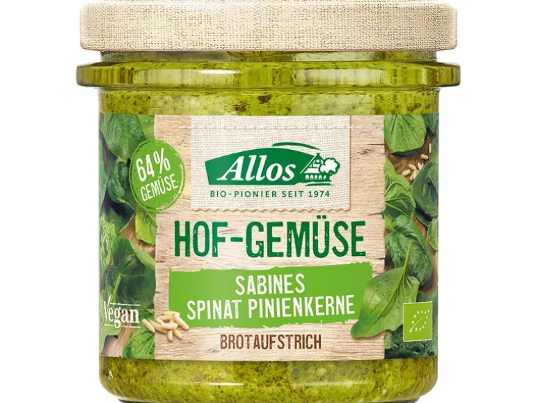 Allos Bio Hofgemüse Brotaufstrich Spinat Pinienkerne Glas 135 g