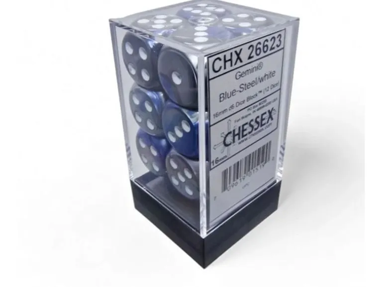 Chessex Würfelset Gemini 16 mm d6 Blau-Stahl/Weiss 12 Stk.