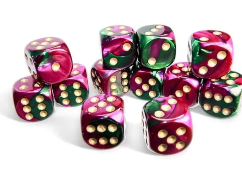 Chessex Würfelset Gemini 16 mm d6 Grün-Lila/Gold 12 Stk.
