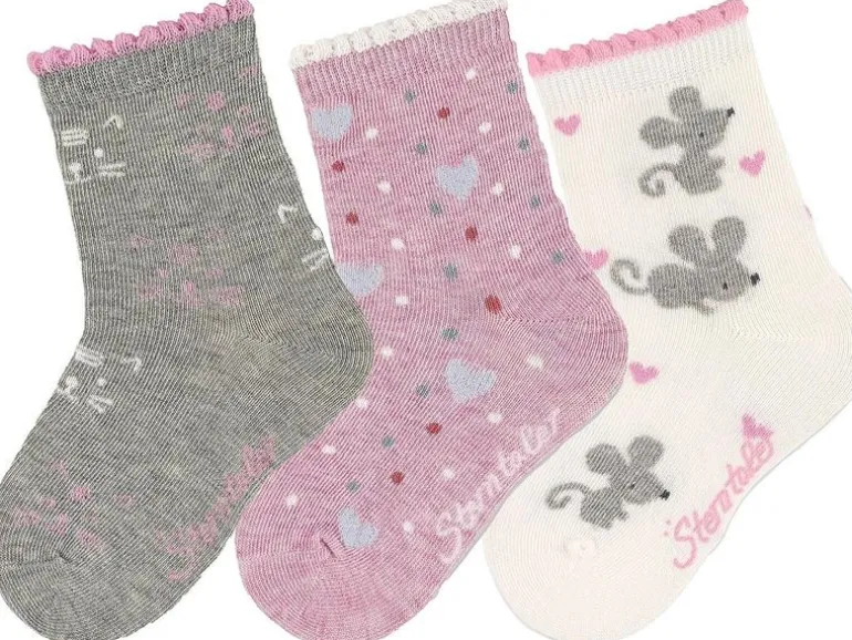 Sterntaler Socken 3er Set Katze/Maus Hellgrau/Rosa/Beige Gr. 27-30