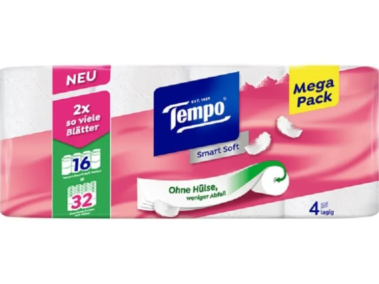 Tempo Toilettenpapier Smart Soft 16 Rollen, 4-lagig, Weiss