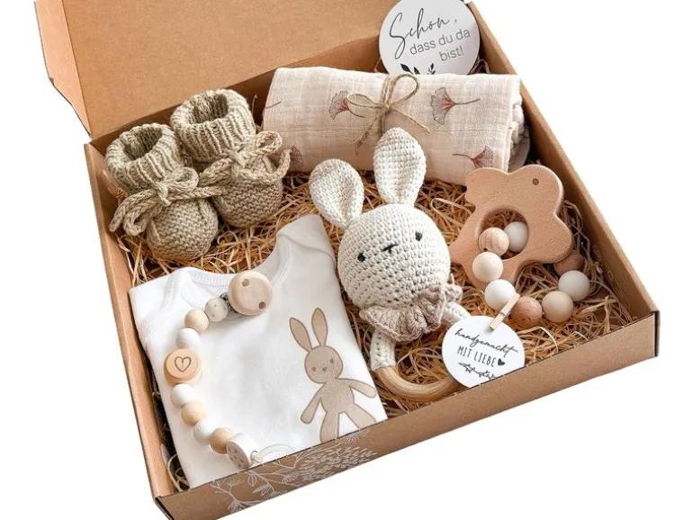 Welcomebabybox Baby-Geschenkset Leni Body & Rasselhase